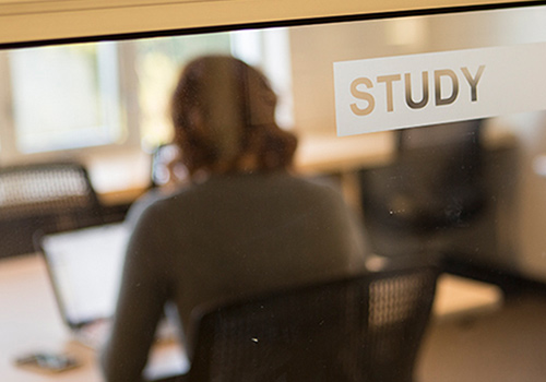 Looking at student through glass door with a "Study" sign on door.